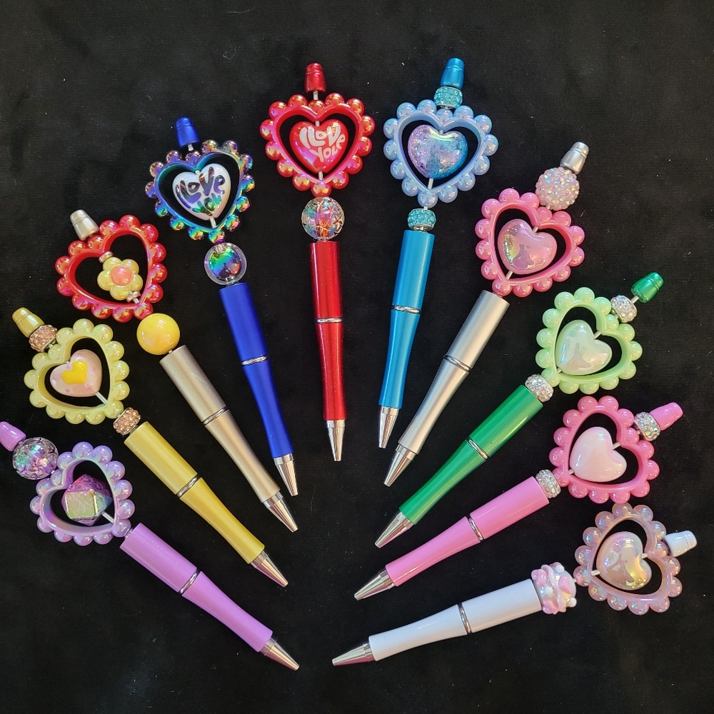 Iridescent Beaded Heart Topped Pens Friendship Lover Gift Festival Beads